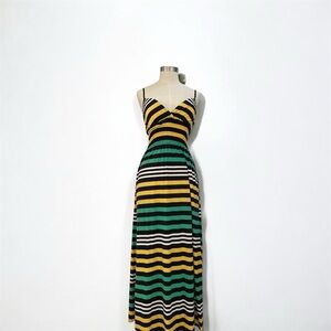 Striped Green & Yellow Maxi Dress with Black and White Accents